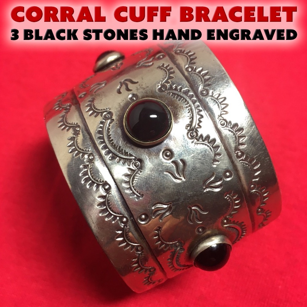 Corral Cuff Silver and Black Stones Bracelet with Intricate Designs